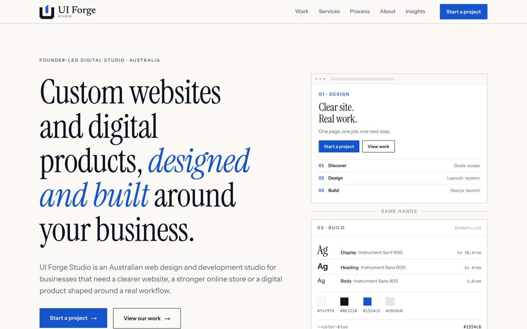 UI Forge Studio homepage at 1440 pixels wide: the serif headline “Custom websites and digital products, designed and built around your business”, the plain-language lead and two calls to action, beside the Design → Build specimen of the site’s own system.