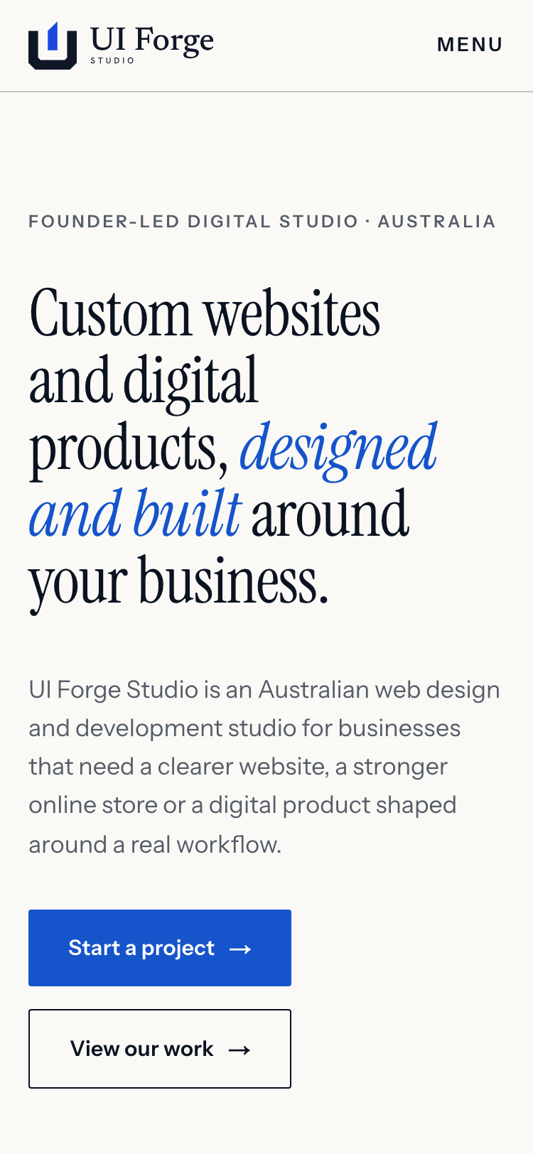 UI Forge Studio homepage on a 375-pixel-wide mobile viewport: the headline, lead and calls to action stacked in a single column — the first screen a phone visitor sees.
