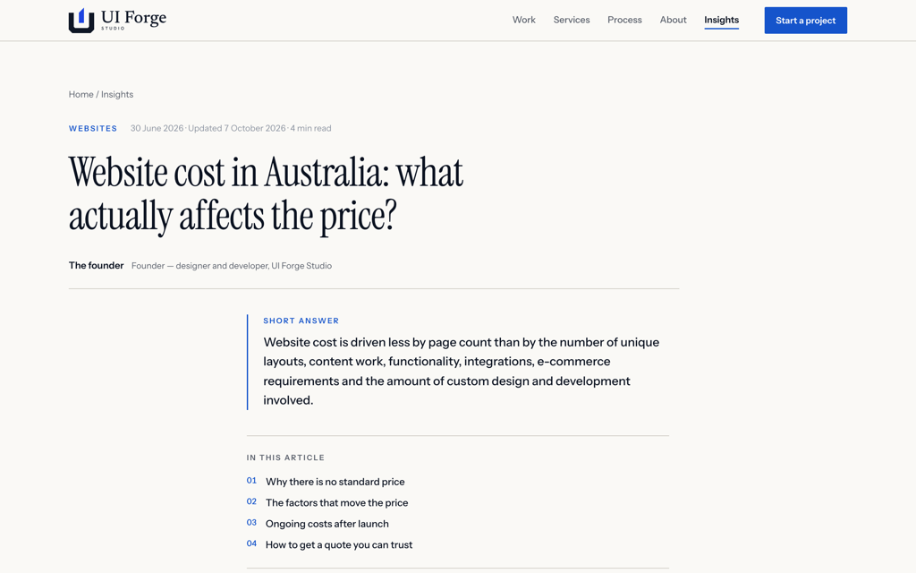 The article “Website cost in Australia: what actually affects the price?” at desktop width: category label, dates and reading time, the serif headline, the author line and the short-answer summary.